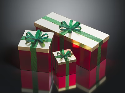 Festive Decorative Red And White Gift Boxes With Green Ribbons And Bows 3d model