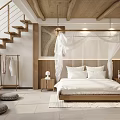 Rustic Bedroom With Stone Wall Wooden Ceiling And Cozy Decor 3d model