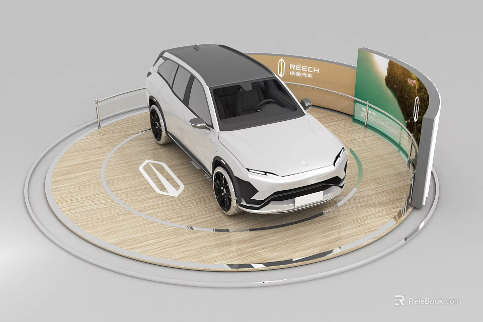White SUV Display On Circular Platform With TECH Logo And Curved Screen 3d model 