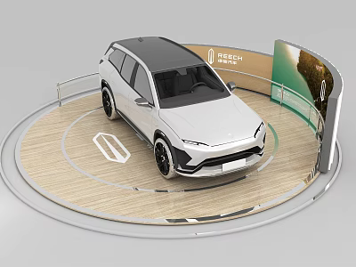 White SUV Display On Circular Platform With TECH Logo And Curved Screen 3d model