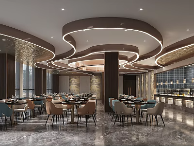 Modern Restaurant Dining Area Interior with Circular Ceiling Decor Tables Chairs and Marble Floor 3d model