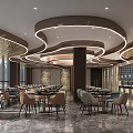 Modern Restaurant Dining Area Interior with Circular Ceiling Decor Tables Chairs and Marble Floor 3d model