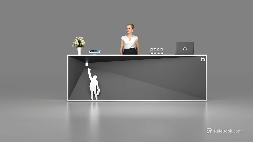 Modern Reception Desk with Receptionist Standing Behind Flower Laptop Monitors and Tablet and Silhouette Decoration 3d model 
