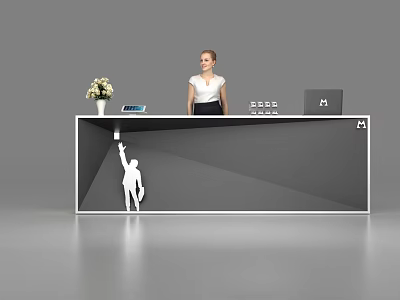 Modern Reception Desk with Receptionist Standing Behind Flower Laptop Monitors and Tablet and Silhouette Decoration 3d model