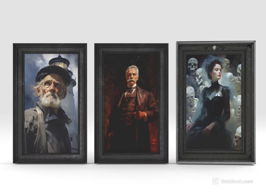 Three Black Framed Portrait Paintings Featuring Elderly Men And Woman With Skull Backgrounds 3d model 