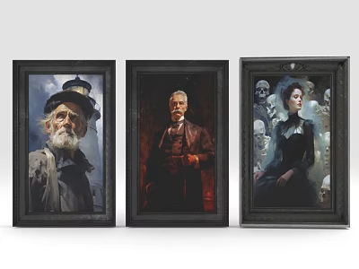 Three Black Framed Portrait Paintings Featuring Elderly Men And Woman With Skull Backgrounds 3d model