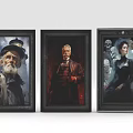 Three Black Framed Portrait Paintings Featuring Elderly Men And Woman With Skull Backgrounds