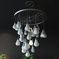 Modern Circular Frame Metal Chandelier With Hanging White Bulbs Green Plants And Wooden Floor