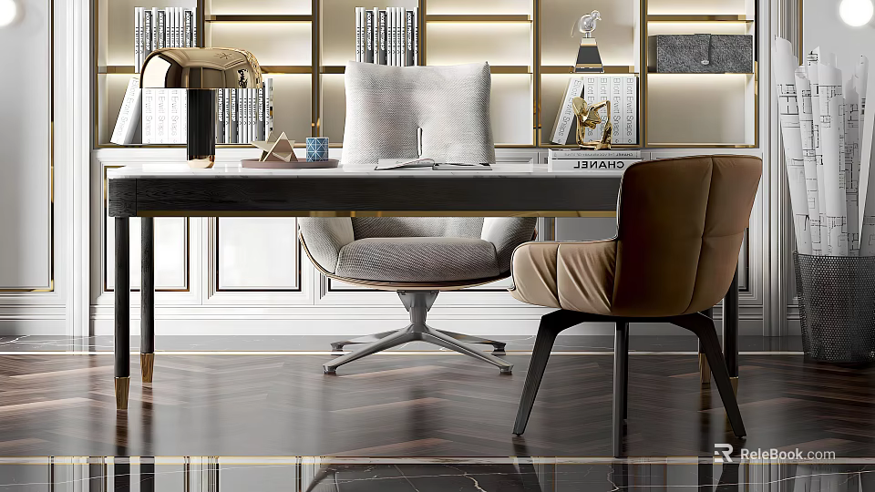 Modern Elegant Home Office Interior With Spacious Desk Comfortable Chair And Bookshelves 3d model 