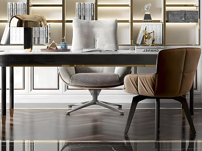 Modern Elegant Home Office Interior With Spacious Desk Comfortable Chair And Bookshelves 3d model