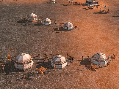 Traditional Nomadic Yurts Scattered On Open Dry Land With Wooden Fences And Camp Structures 3d model