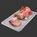 Pink Swiss Roll Cake with Strawberries and Flower Decorations on White Tray Showing Swirled Interior