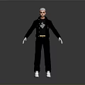 Man In Black Jacket And Pants With White Gloves Shoes Glasses Standing In Gray Background