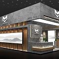 Modern Exhibition Booth With Gray Wooden Decor Large Display Screens And Reception Desk