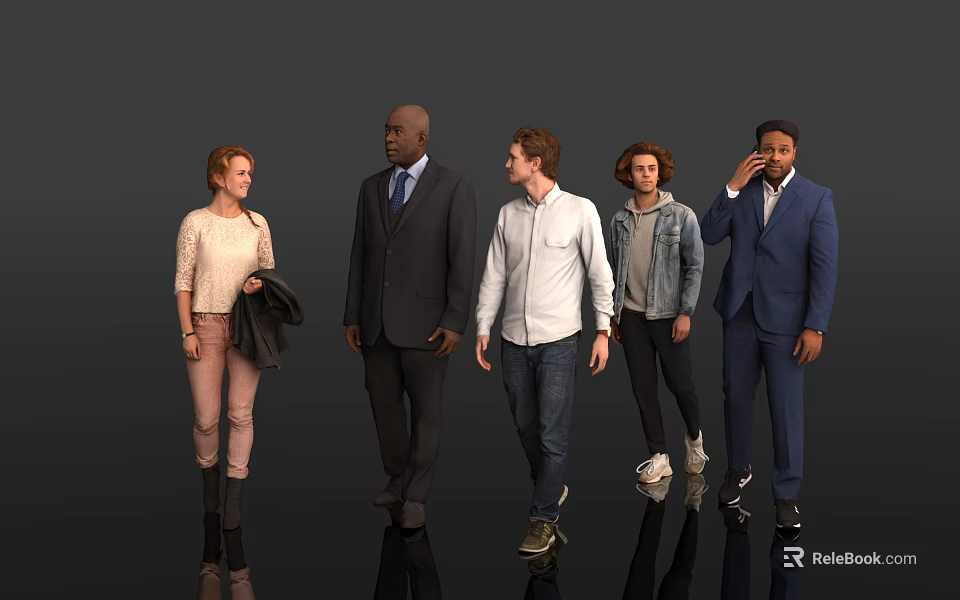 Group of Five People Standing in Different Attire Against Grey Background With Reflections 3d model 