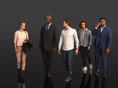Group of Five People Standing in Different Attire Against Grey Background With Reflections 3d model