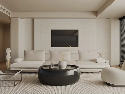 Modern Living Room Interior With Beige Walls TV White Sofa And Black Round Coffee Table 3d model
