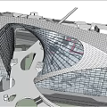 Modern Arched Building Exterior With Glass Curtain Walls Sunset Scene People And Car