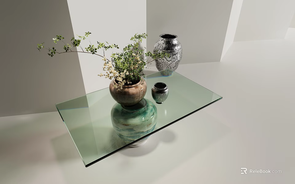 Glass Top Coffee Table with Green Vase Silver Vase and Potted Green Plants Decor 3d model 