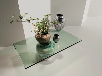 Glass Top Coffee Table with Green Vase Silver Vase and Potted Green Plants Decor 3d model