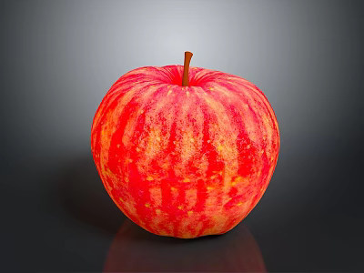 Fresh Red Striped Apple With Brown Stem On Black Reflective Surface 3d model