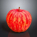 Fresh Red Striped Apple With Brown Stem On Black Reflective Surface