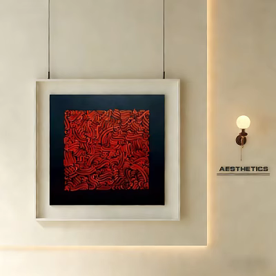 Red And Black Abstract Painting With Twisted Lines In White Frame On Light Wall 3d model