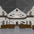 Sacred Church Interior With Wooden Pews Arched Windows And Cross Decoration