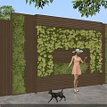 Outdoor Living Wall With Wooden Frame And Green Plants Featuring Woman And Dog
