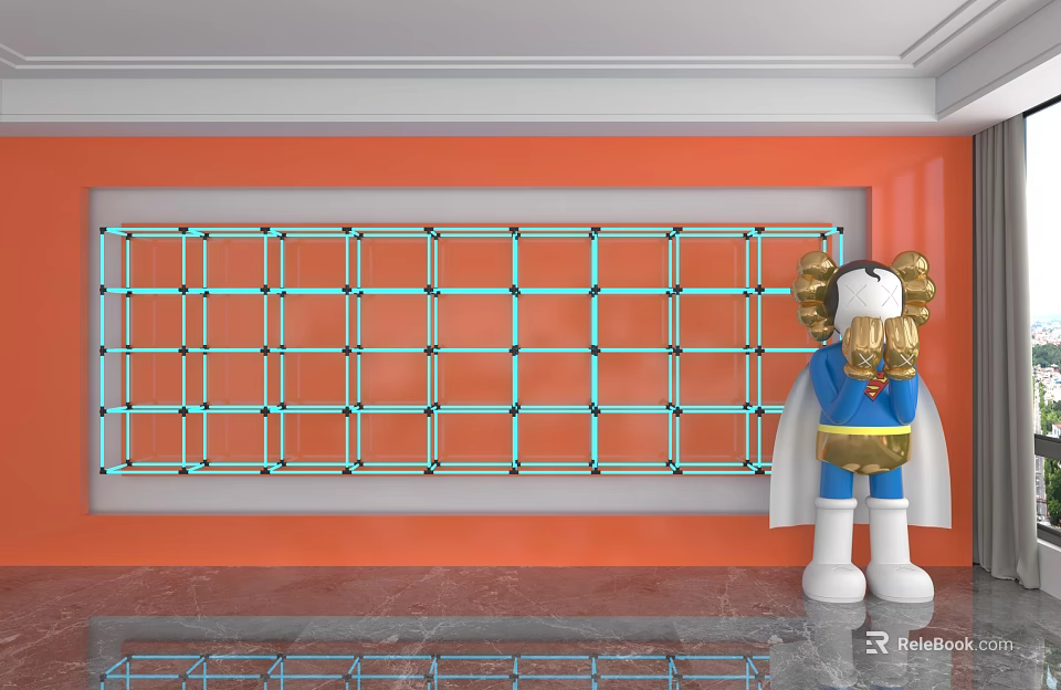 Orange Feature Wall with Grid Design Gold Accents and Art Doll in Blue Cape 3d model 
