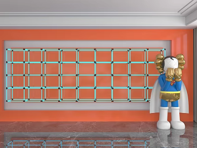 Orange Feature Wall with Grid Design Gold Accents and Art Doll in Blue Cape 3d model