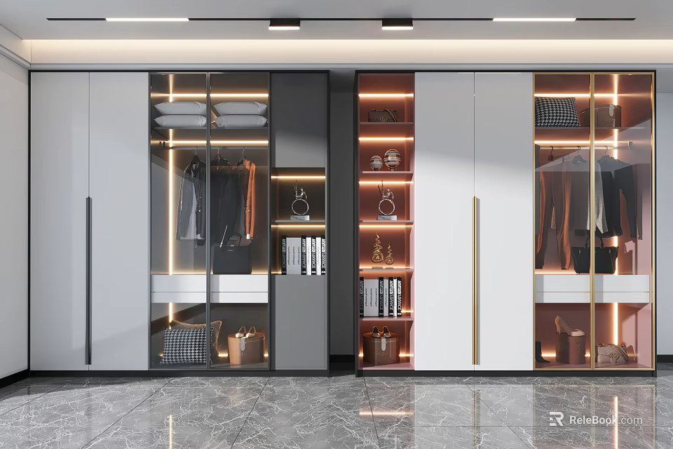 Modern Elegant Wardrobe Design With Glass Doors LED Lighting And Storage Shelves 3d model 