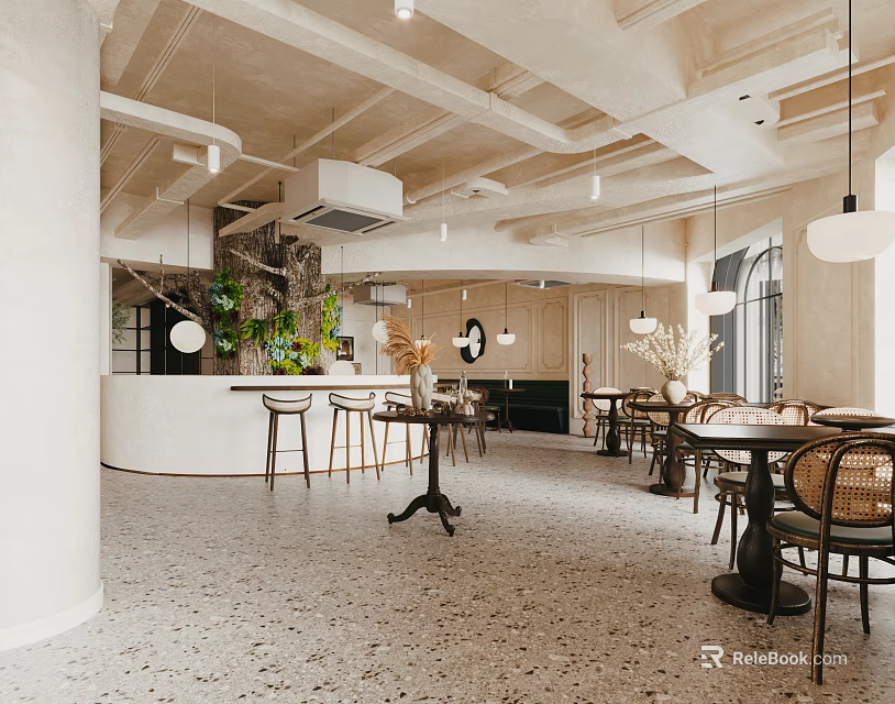 Modern Open Lounge Area Interior Design With Bar Stools Counter Dining Tables And Green Plants 3d model 
