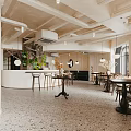 Modern Open Lounge Area Interior Design With Bar Stools Counter Dining Tables And Green Plants