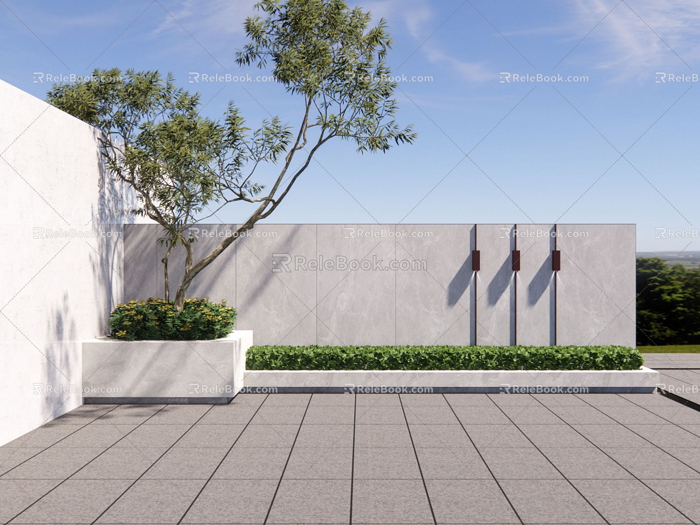 Modern Simple Entrance View Wall Model Tree Plant model