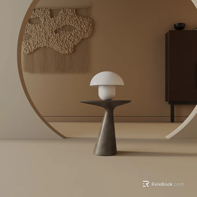 Modern Living Room Side Table With Conical Base White Lamp And Woven Wall Art 3d model 