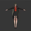 Game Movie Character 3D Model With Green Hair Red Shirt Black Coat And Arms Outstretched