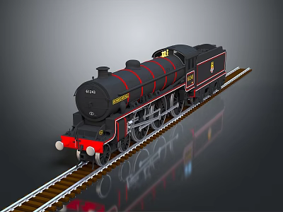Vintage Black Steam Train Model With Red Stripes On Railway Track 3d model