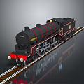 Vintage Black Steam Train Model With Red Stripes On Railway Track