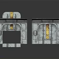 Two Decorative Entrance Gates With Gray Stone Design And Yellow Accent Details