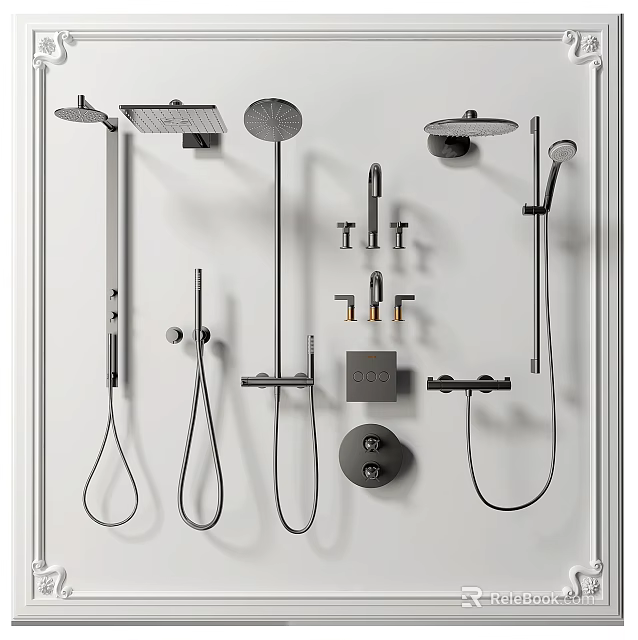 Various Types of Shower Fixtures Including Handheld Overhead and Wall Mounted Displayed on White Background 3d model 