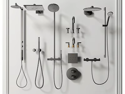 Various Types of Shower Fixtures Including Handheld Overhead and Wall Mounted Displayed on White Background 3d model