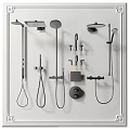 Various Types of Shower Fixtures Including Handheld Overhead and Wall Mounted Displayed on White Background