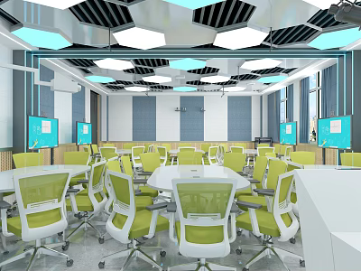 School Modern Classroom With Green Chairs White Tables Wall Screens And Ceiling Lights 3d model