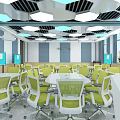 School Modern Classroom With Green Chairs White Tables Wall Screens And Ceiling Lights