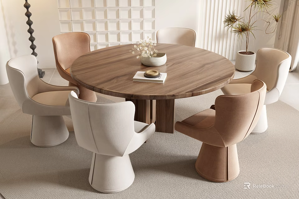 Modern Round Walnut Dining Table Set With Beige Light Brown Chairs And Decorative Vase 3d model 
