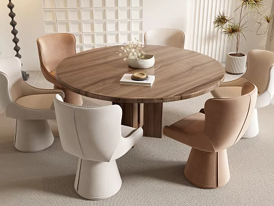 Modern Round Walnut Dining Table Set With Beige Light Brown Chairs And Decorative Vase 3d model
