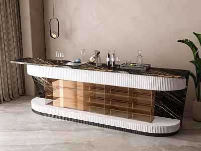 Modern Bar Counter with Marble Top Golden Wine Racks Potted Plant and Hanging Lamp Interior 3d model