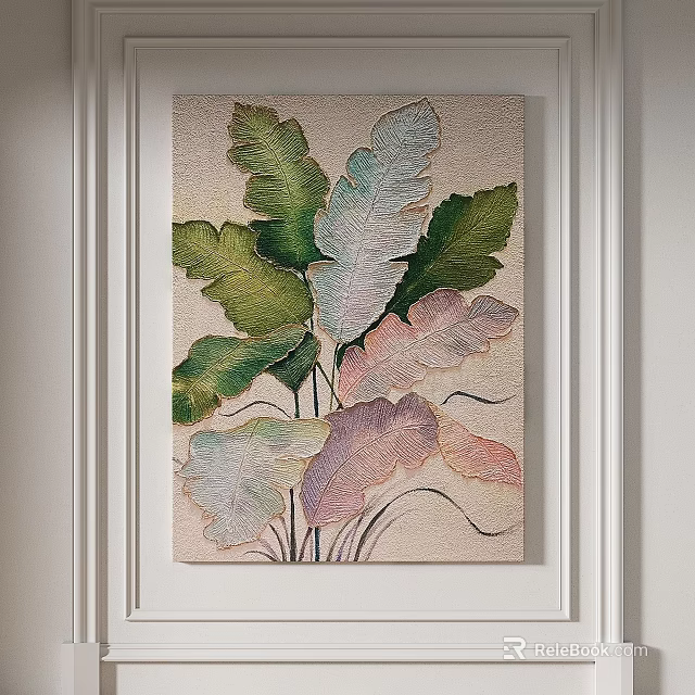 Colorful Leaf Decorative Artwork On Light Wall With Green Pink Leaves 3d model 