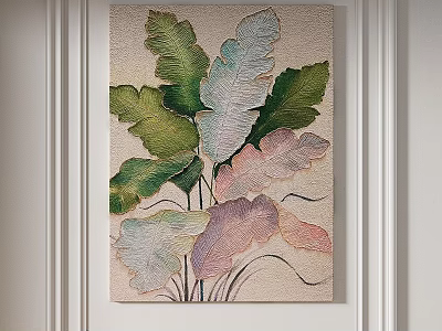 Colorful Leaf Decorative Artwork On Light Wall With Green Pink Leaves 3d model